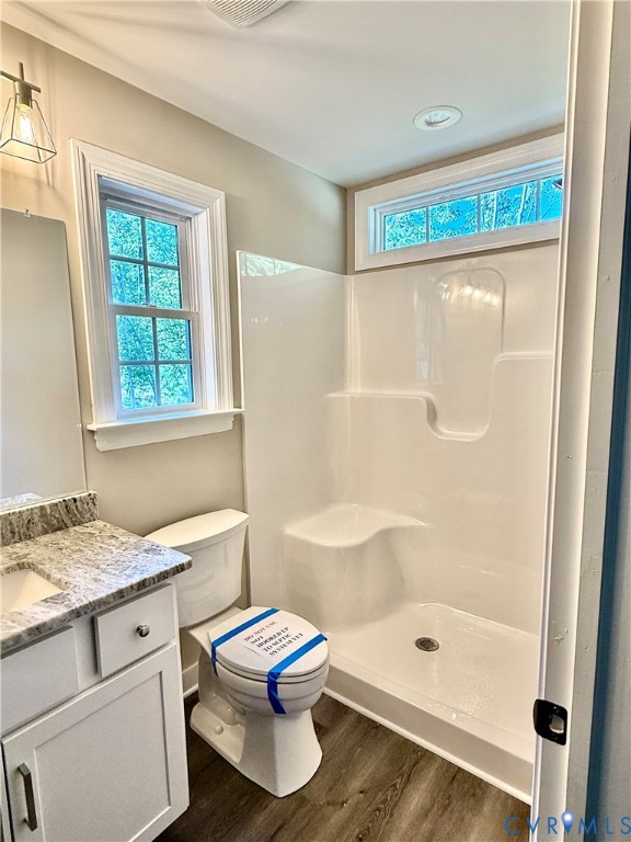 26 Tupelo Street Deltaville, VA 23043 - Photo 14 of 38 a bathroom with a granite countertop sink a toilet and shower