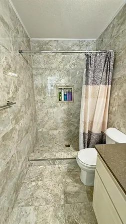 a bathroom with a sink a toilet and shower