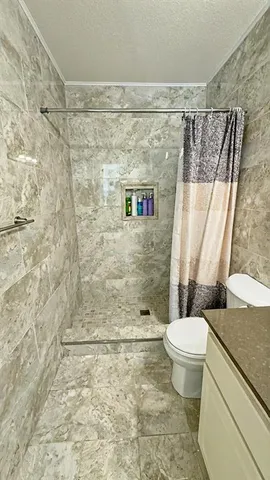 a bathroom with a sink a toilet and shower