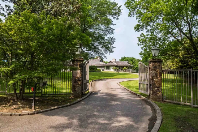 a view of a park with large trees with a fountain
