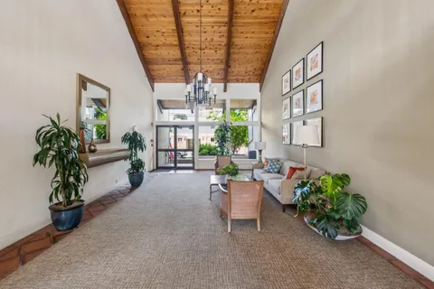 a living room with furniture and a potted plant