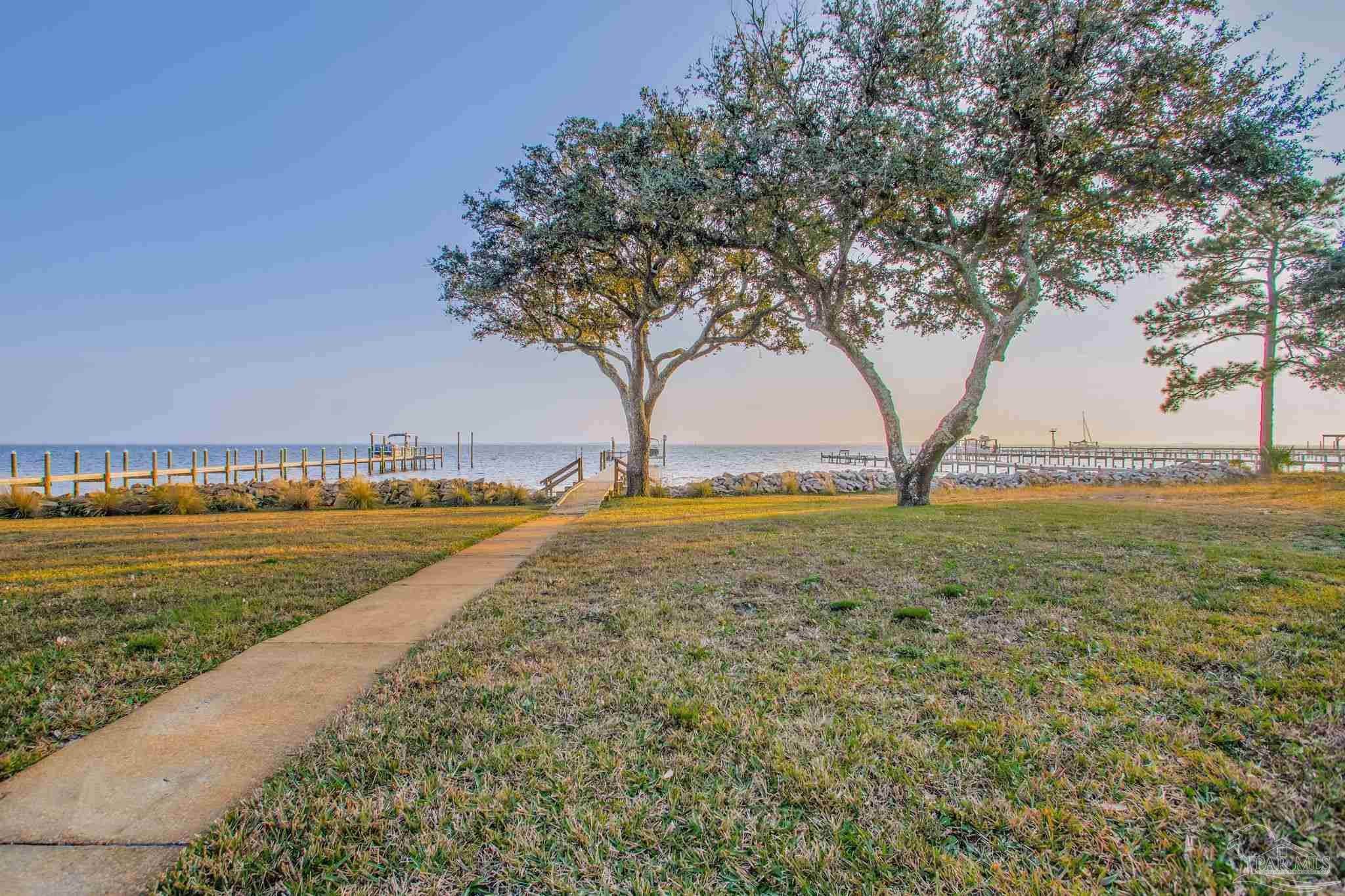 a view of an ocean with trees