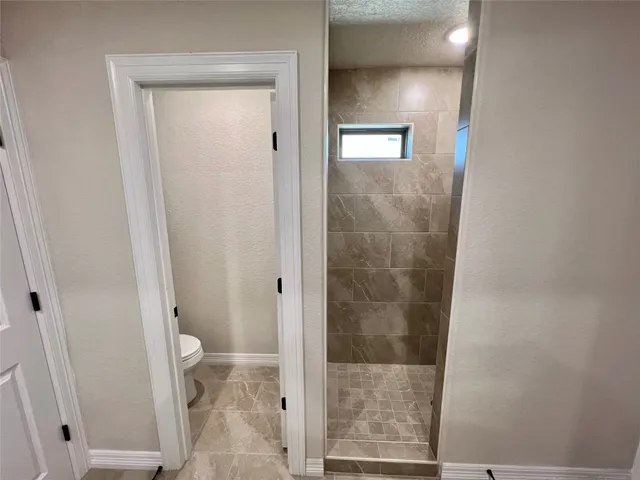 a bathroom with a granite countertop shower a toilet and a sink