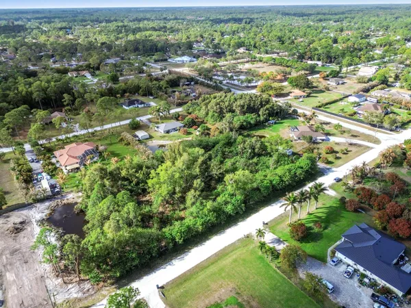 an aerial view of residential houses with outdoor space and trees