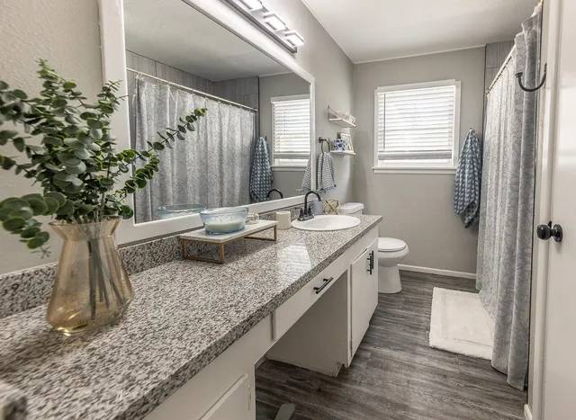 a bathroom with sink and mirror