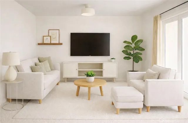 a living room with furniture a flat screen tv and a potted plant