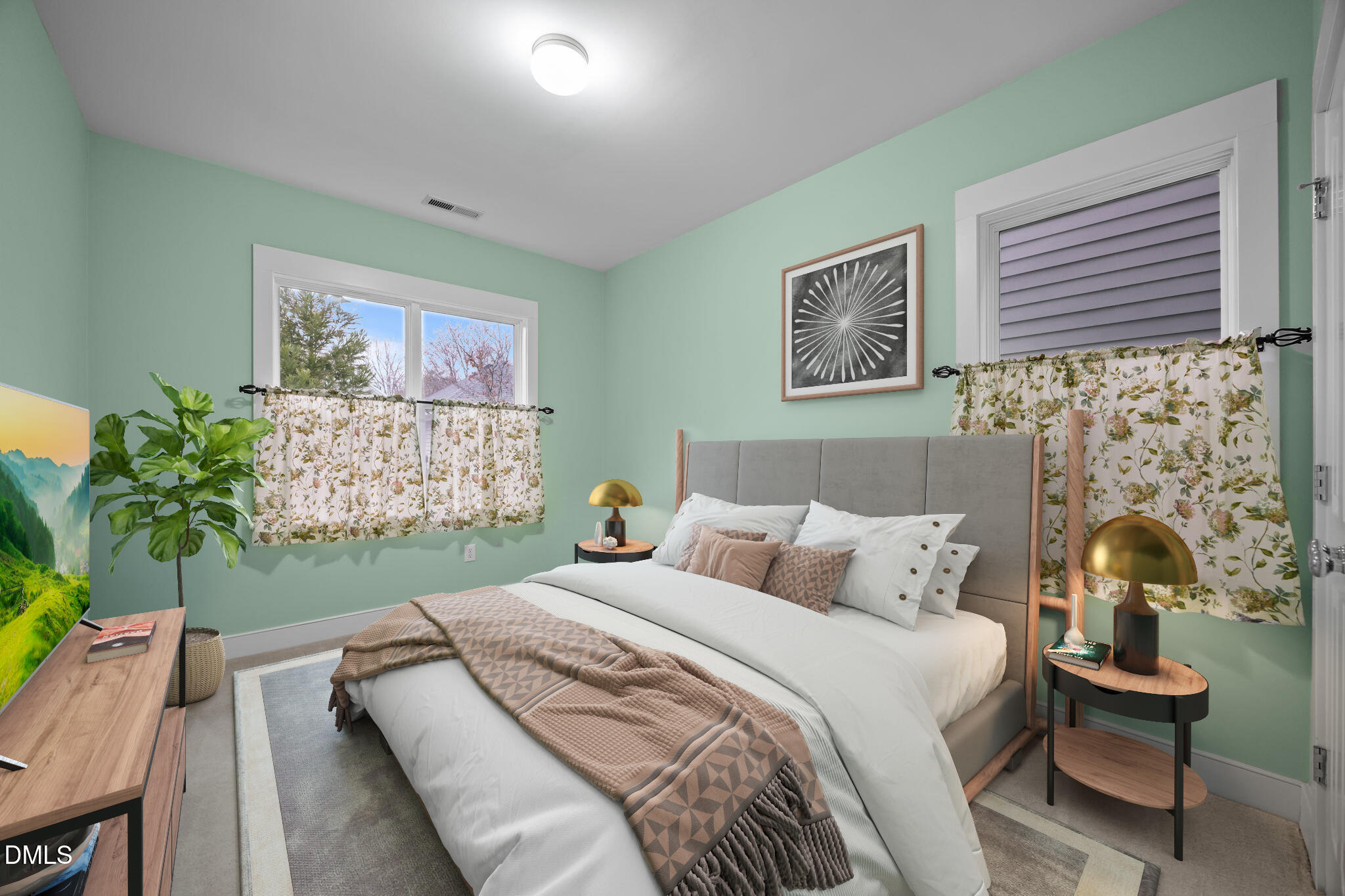 2817 Falls River Avenue Raleigh, NC 27614 - Photo 18 of 60 a bed sitting in a bedroom next to a window with potted plant