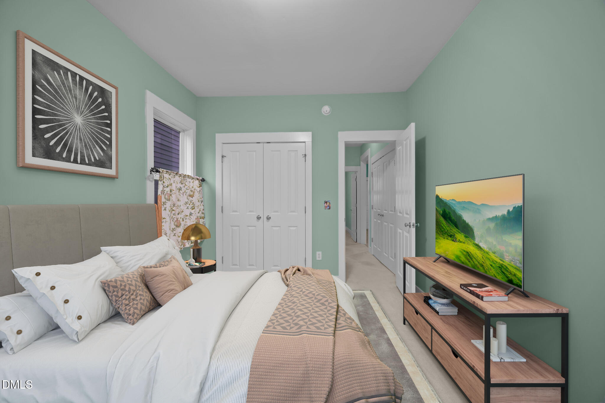 2817 Falls River Avenue Raleigh, NC 27614 - Photo 20 of 60 a bedroom with a bed and a flat screen tv