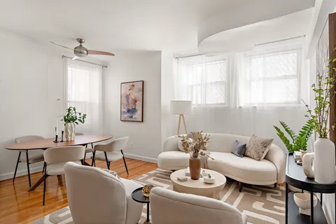 a living room with furniture and a potted plant