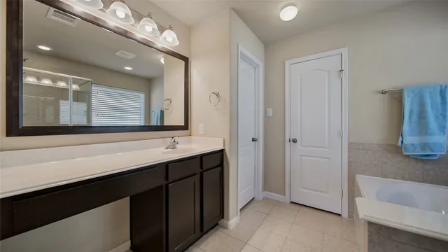 a bathroom with a sink a large mirror and a bathtub