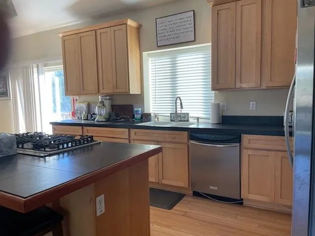 a kitchen with stainless steel appliances granite countertop a sink a stove and cabinets