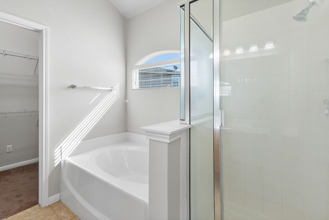 236 Caddis Cove Kyle, TX 78640 - Photo 10 of 17 a bathroom with a bathtub and a shower