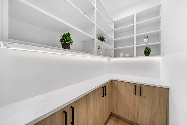 a view of staircase with white walls and potted plants
