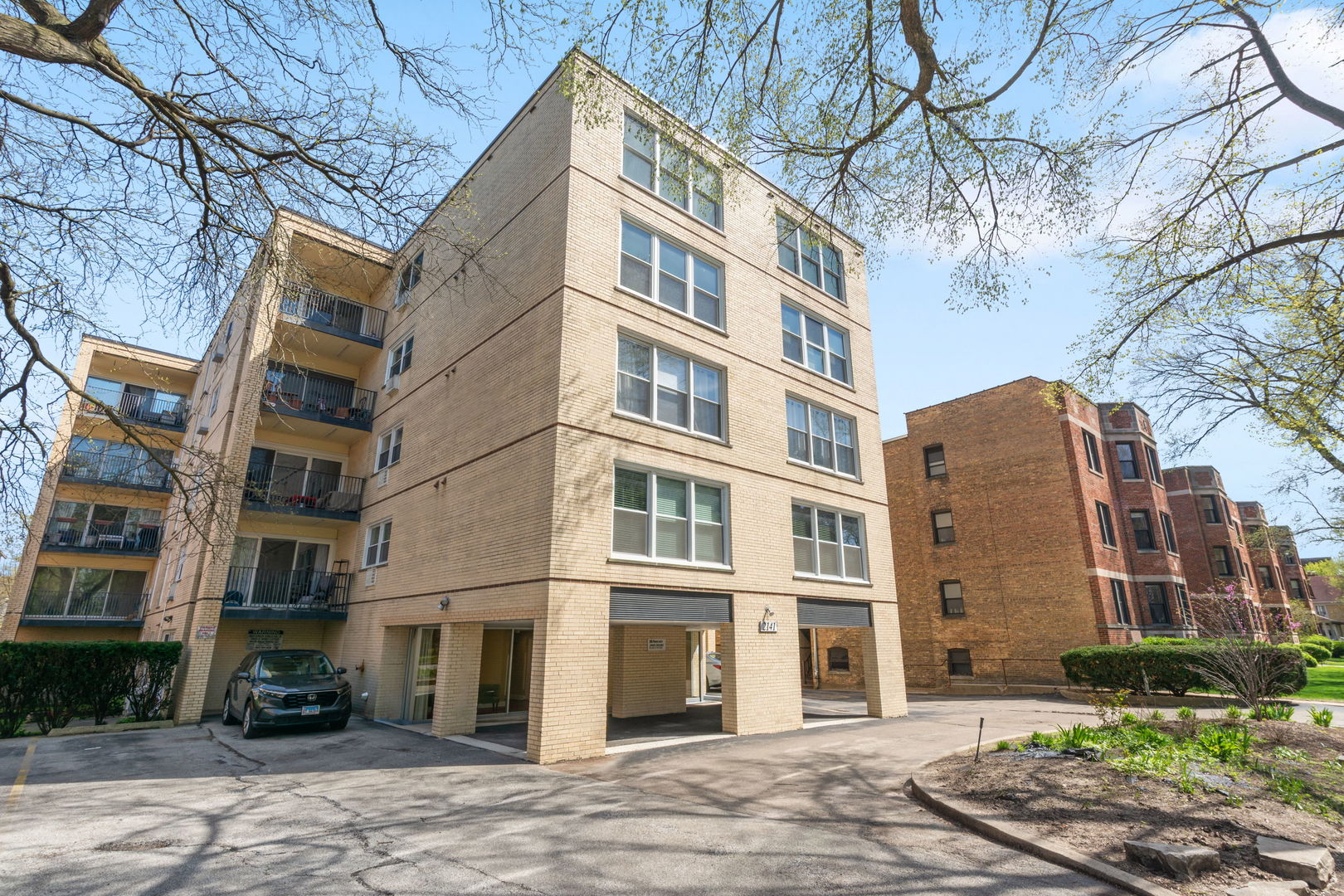 a front view of a multi story building