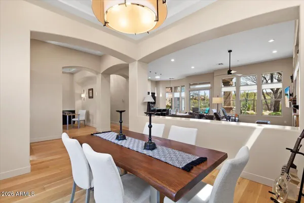 a view of a dining room with furniture