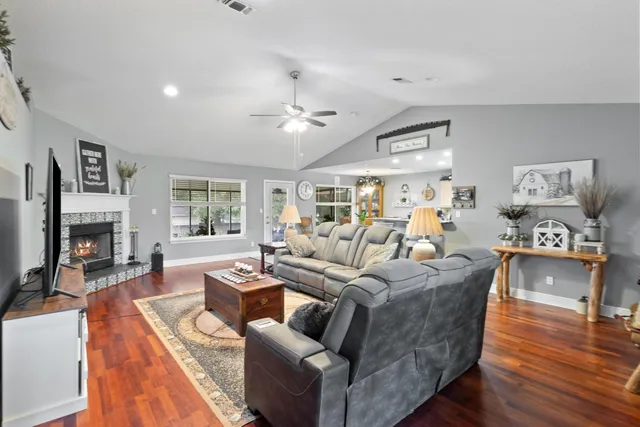 a living room with furniture or couch and a fireplace