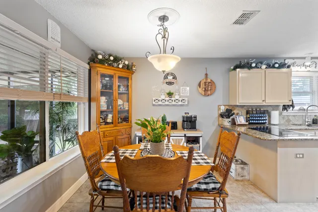 a view of a dining room with furniture window and outside view