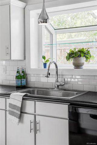 a kitchen with a sink and potted plant