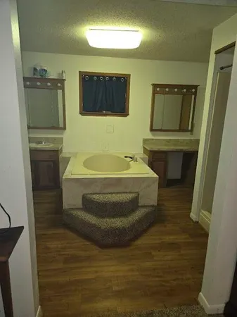 a bathroom with a tub sink and mirror