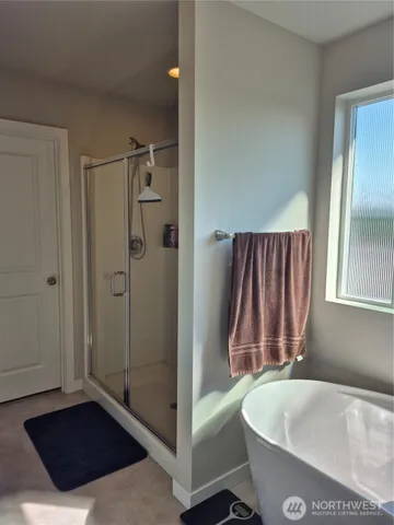 a bathroom with a bathtub and a shower