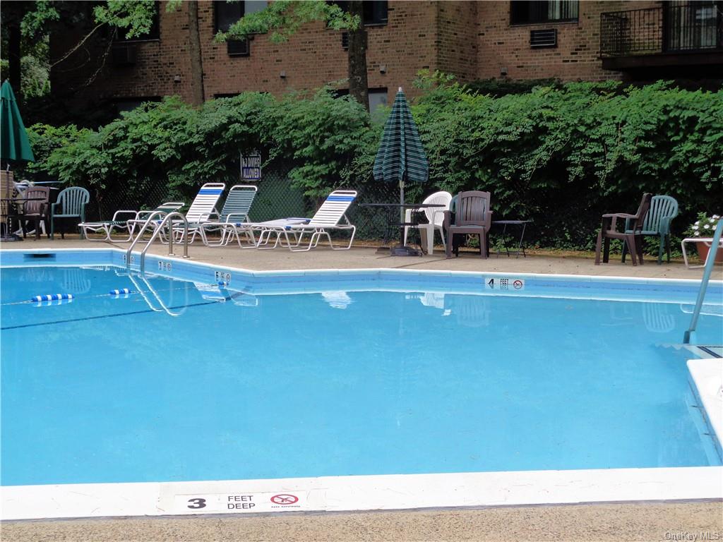 a view of a swimming pool with furniture