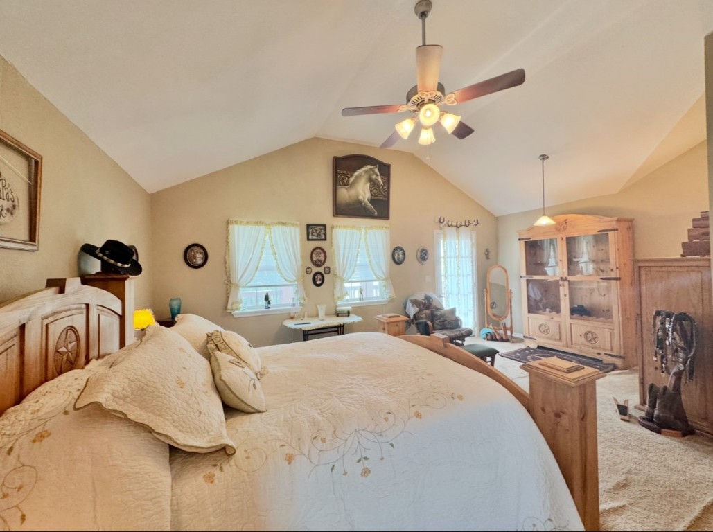 2334 County Road 464 Elgin, TX 78621 - Photo 23 of 39 Bedroom featuring multiple windows, lofted ceiling, a ceiling fan, and carpet flooring