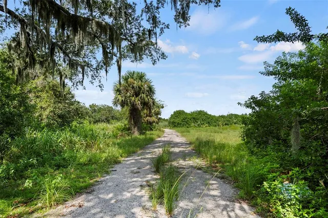 a view of a lake with houses in back