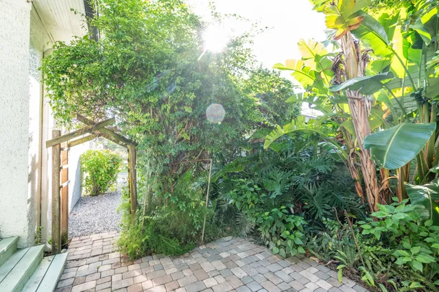 a view of a building with sitting area