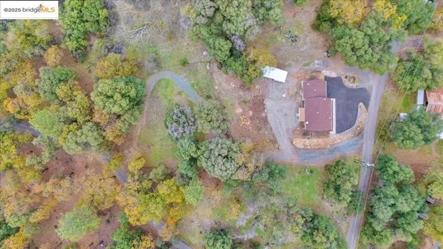 a aerial view of a house with a yard and large trees