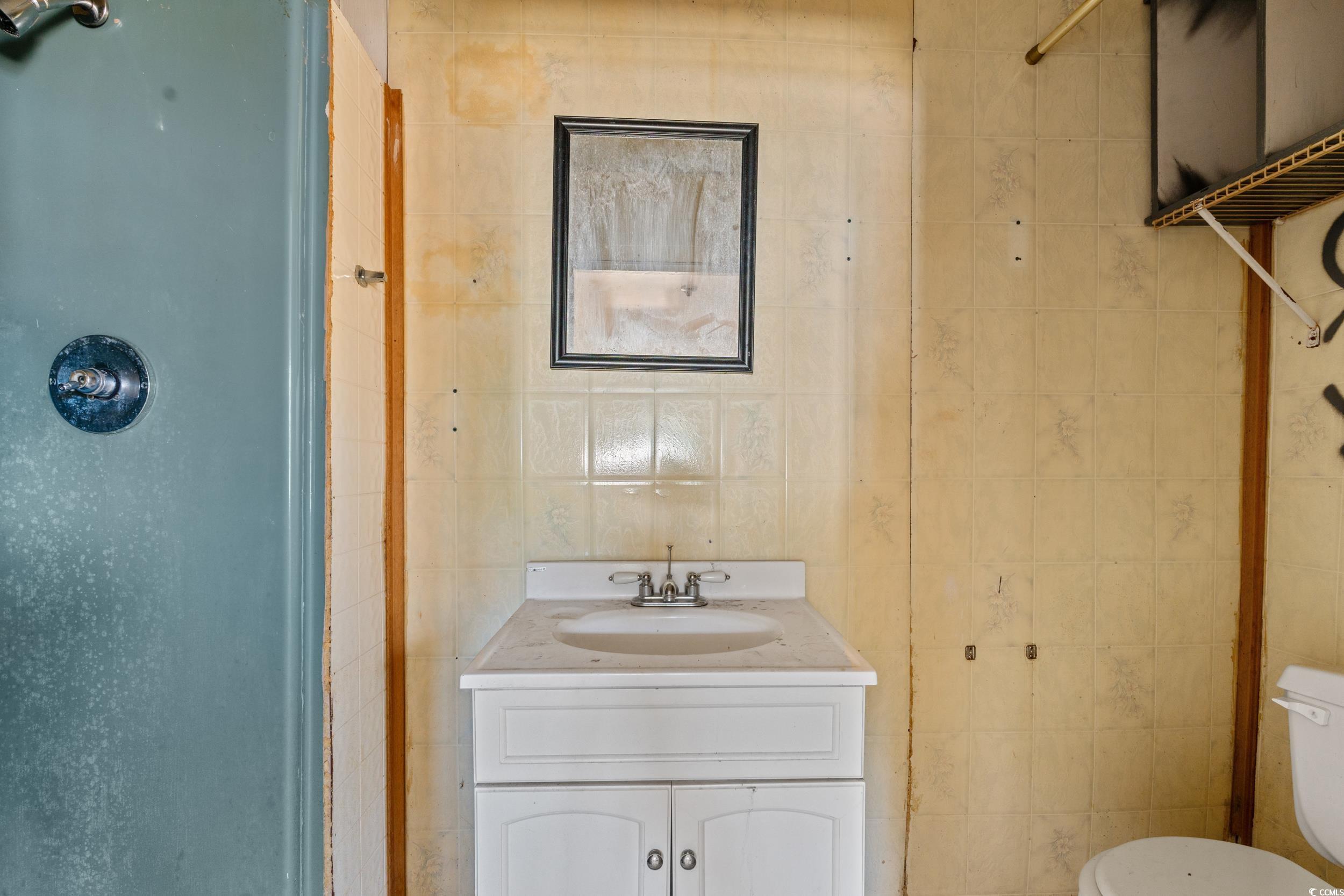 1861 Jenerette Street Mullins, SC 29574 - Photo 32 of 36 Bathroom featuring vanity, tile walls, and walk in shower