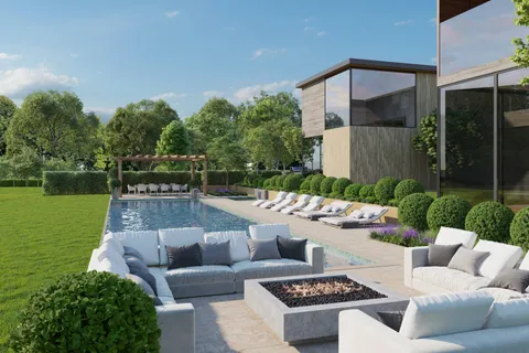 a view of a patio with a table and chairs