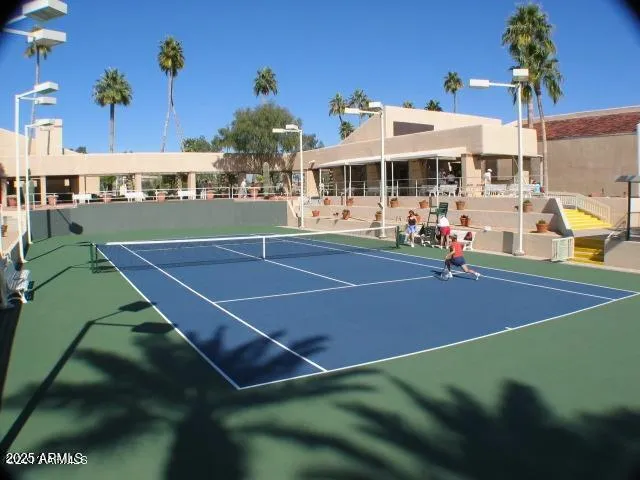 a view of a tennis ground with large trees