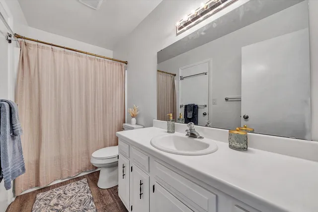 a bathroom with a sink a toilet and shower curtain