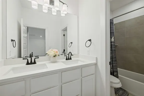 a bathroom with a double vanity sink toilet mirror and shower