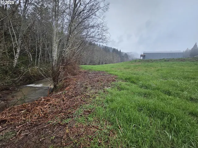 a view of a pathway with a flower garden and wooden fence