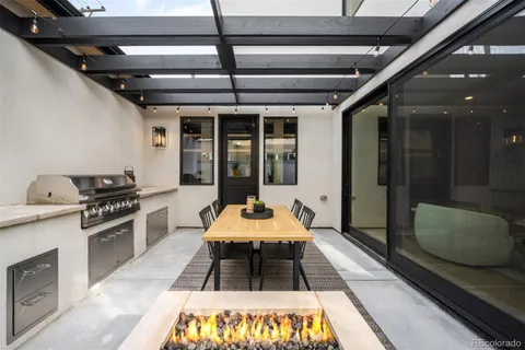 a hallway with a large window in a center