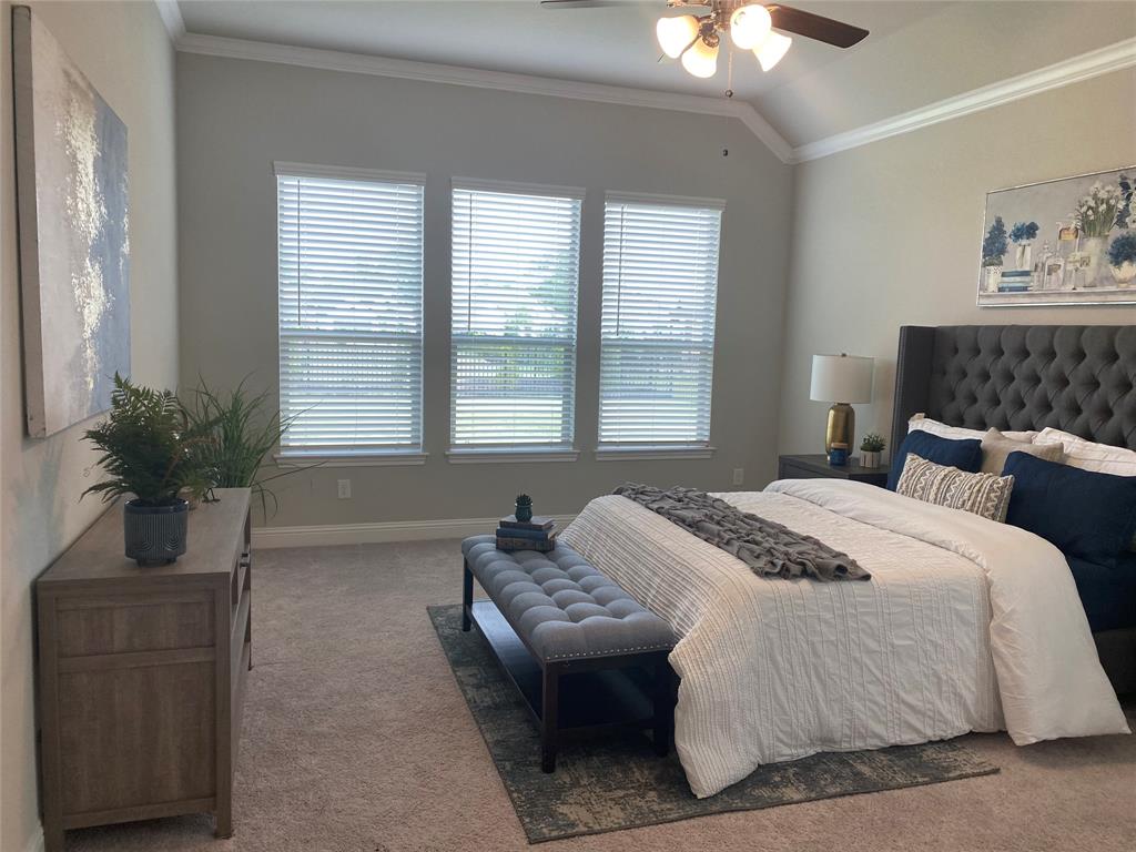 209 Johnson Street Granbury, TX 76048 - Photo 24 of 40 Carpeted bedroom with lofted ceiling, ceiling fan, and ornamental molding