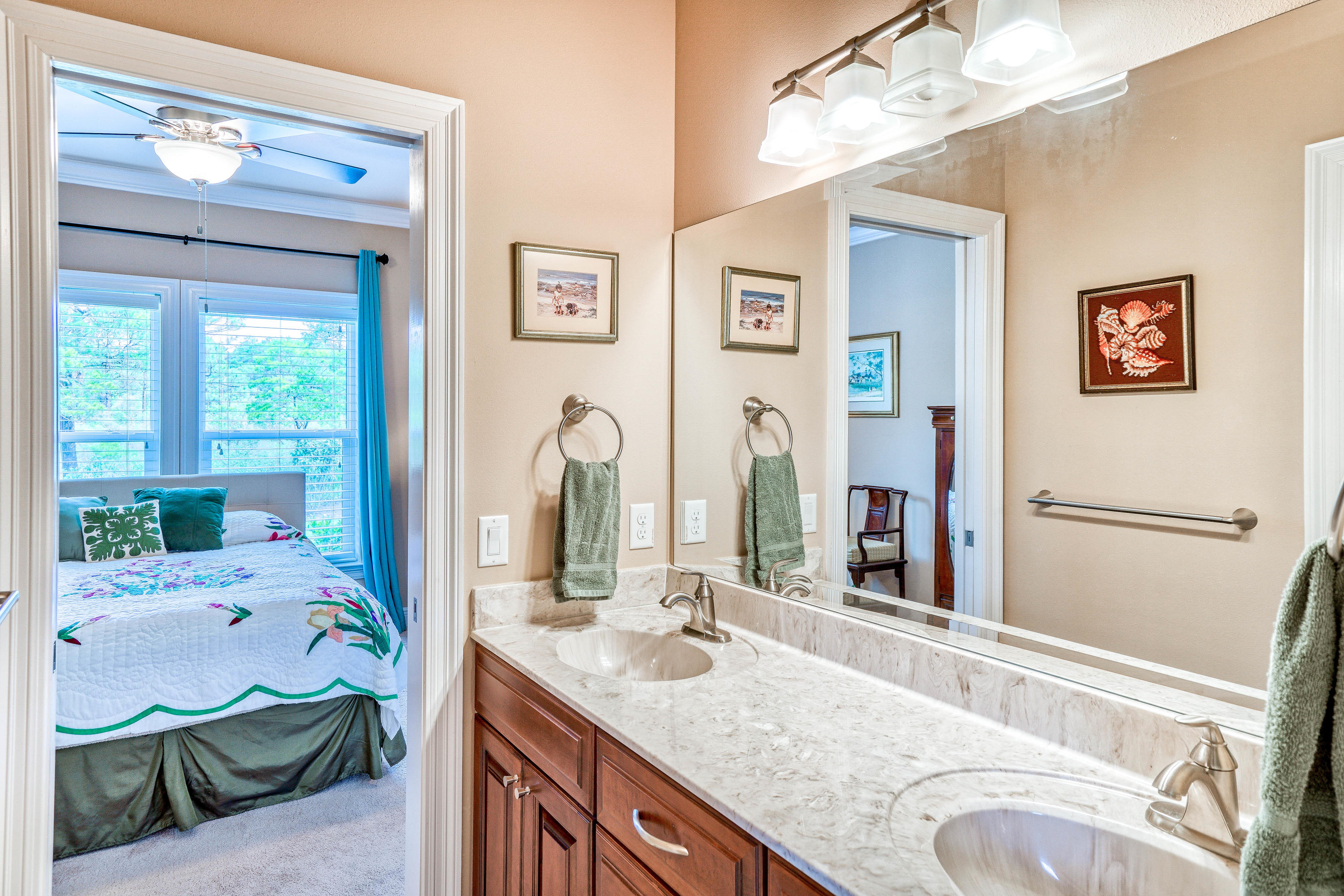 488 Ridge Road Santa Rosa Beach, FL 32459 - Photo 27 of 46 a en suite bathroom with a granite countertop sink and a mirror