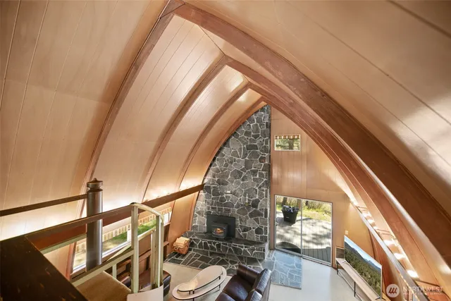 a view of a yard with plants and large trees