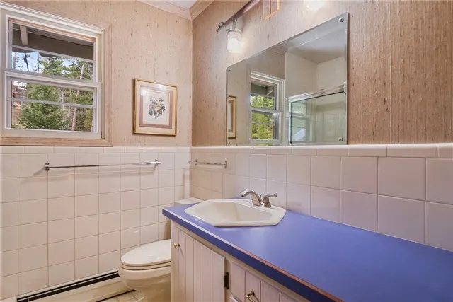 a bathroom with a sink a toilet and a mirror