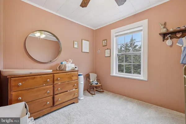 a room with a dresser and a mirror