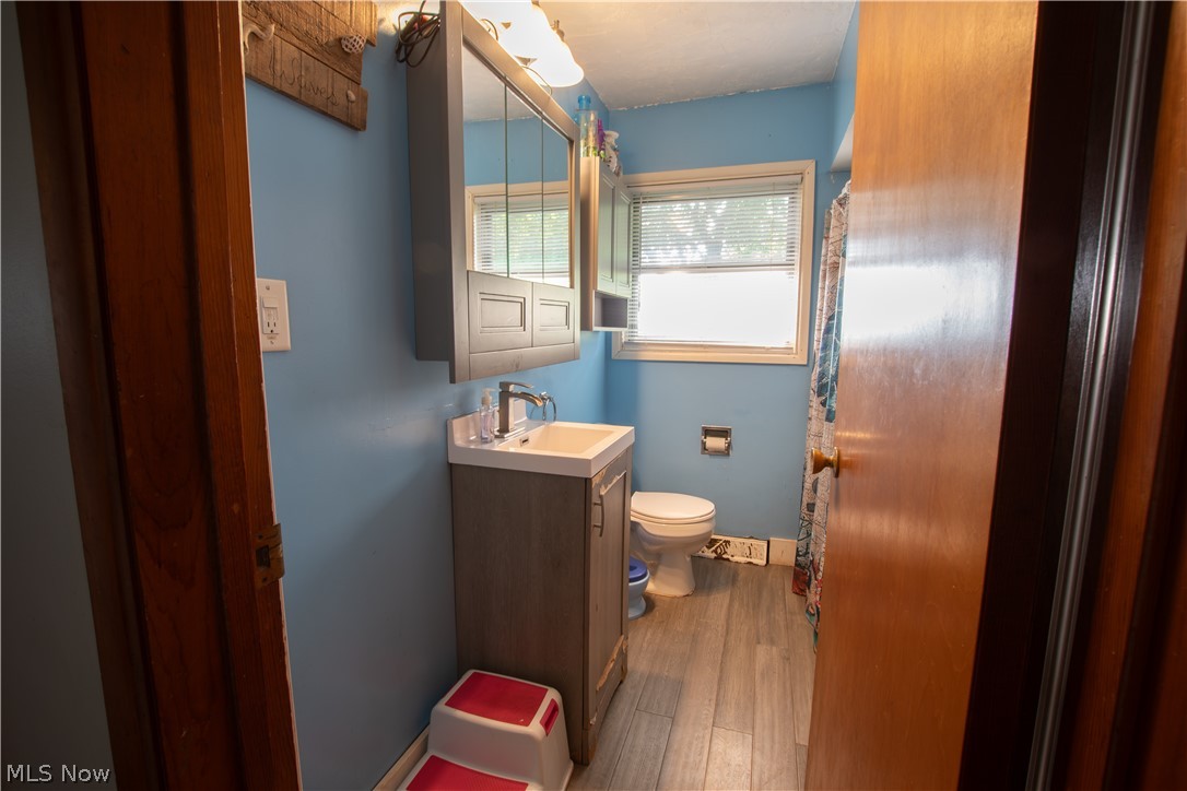 1757 Pleasant Valley Road Northeast New Philadelphia, OH 44663 - Photo 28 of 33 Bathroom featuring a window with blinds, a vanity with a sink and faucet, a wall-mounted medicine cabinet, and wood-finish flooring