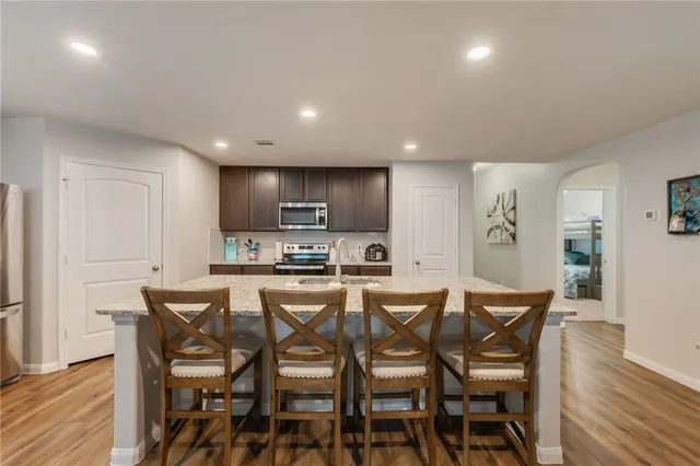 a view of a dining room with furniture