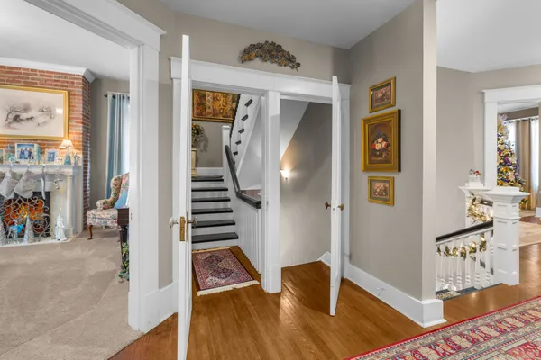 a view of a park with large trees