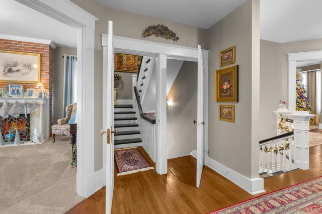 a view of a park with large trees