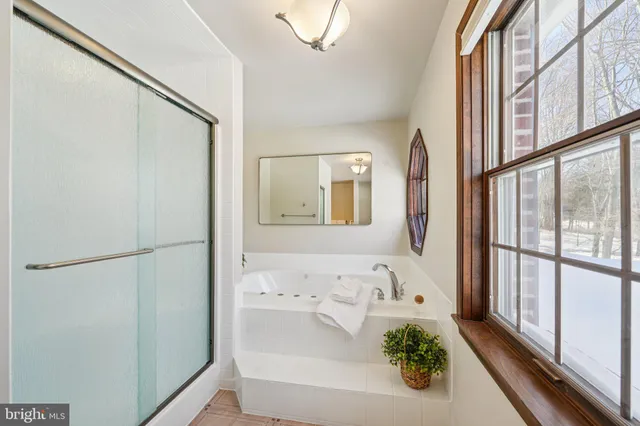 a bathroom with a bathtub and a shower