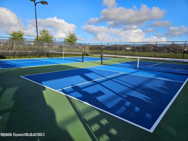 an aerial view of a swimming pool