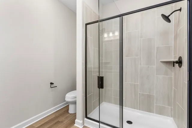 a bathroom with a shower and a toilet