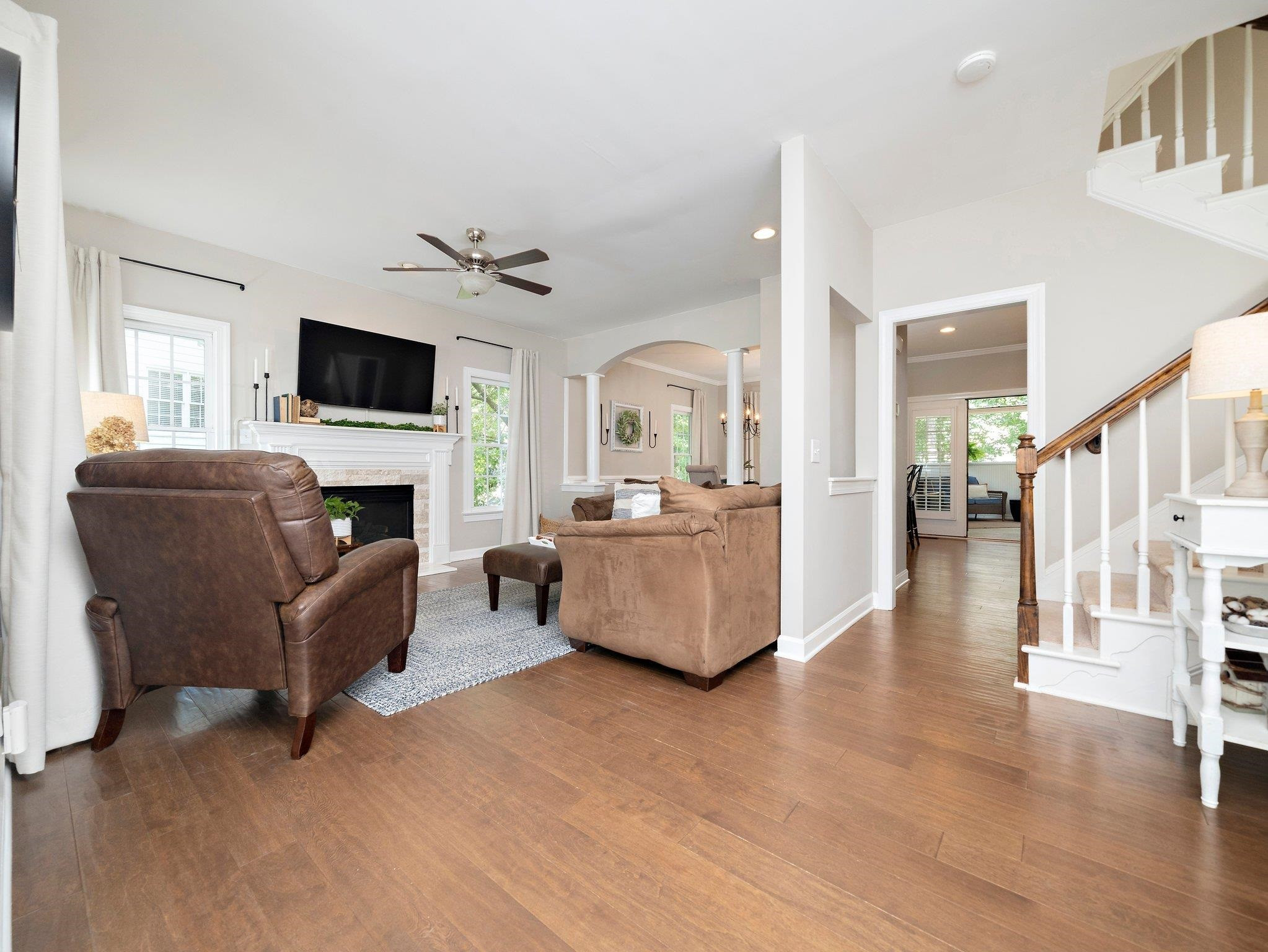 Bright Living Room with Engineered Hardwood Flooring
