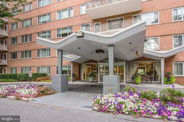 front view of a building with many windows